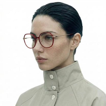 Prism titanium geometric eyeglasses worn by model