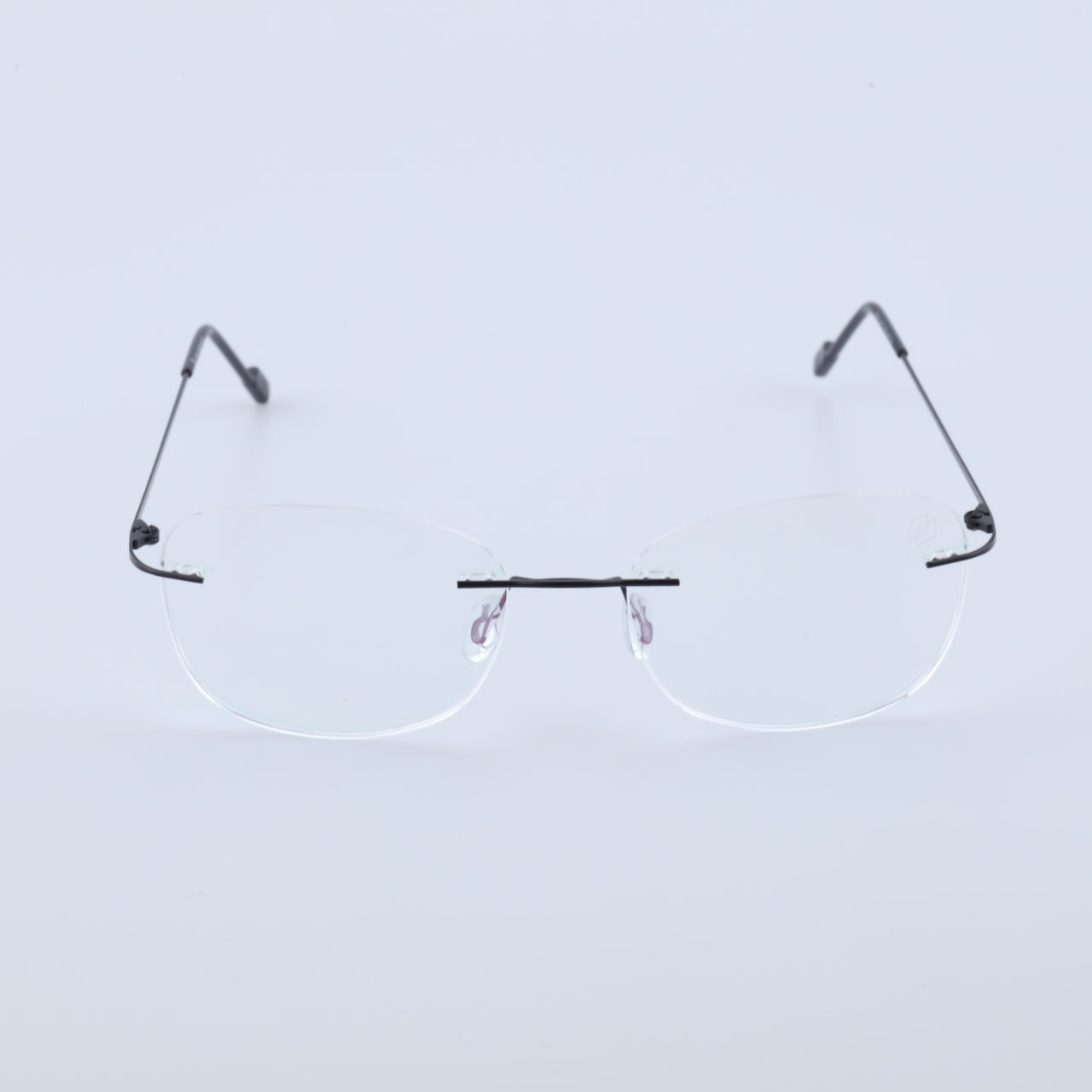 Thin black alloy rimless prescription glasses front view