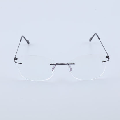 Thin black alloy rimless prescription glasses front view