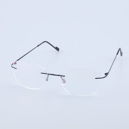 Thin black alloy rimless glasses angled view