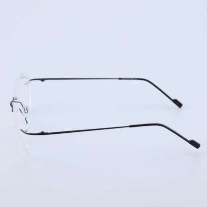 Thin black alloy rimless glasses side profile