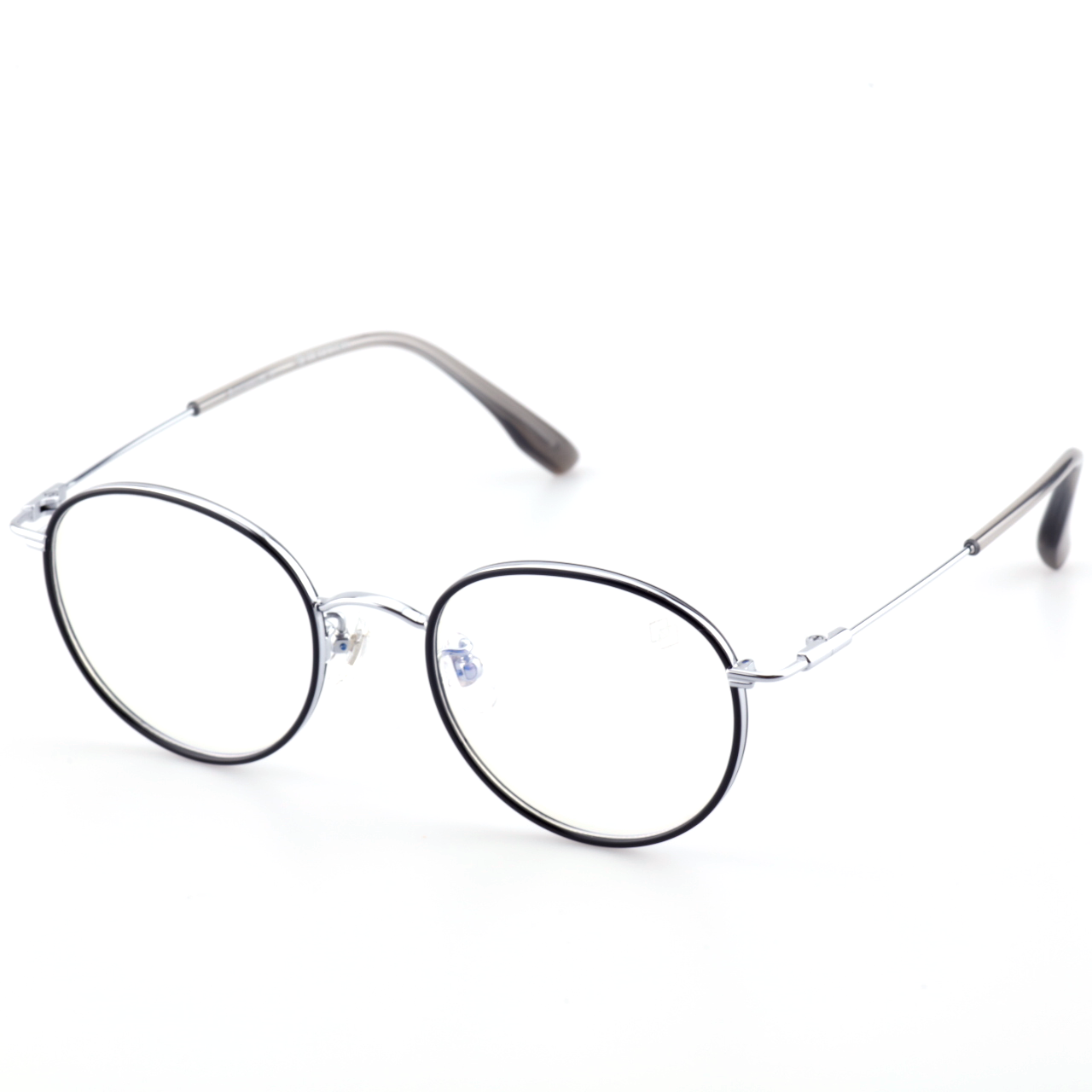 Latch titanium round glasses worn by model