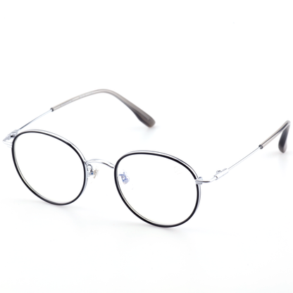 Latch titanium round glasses worn by model