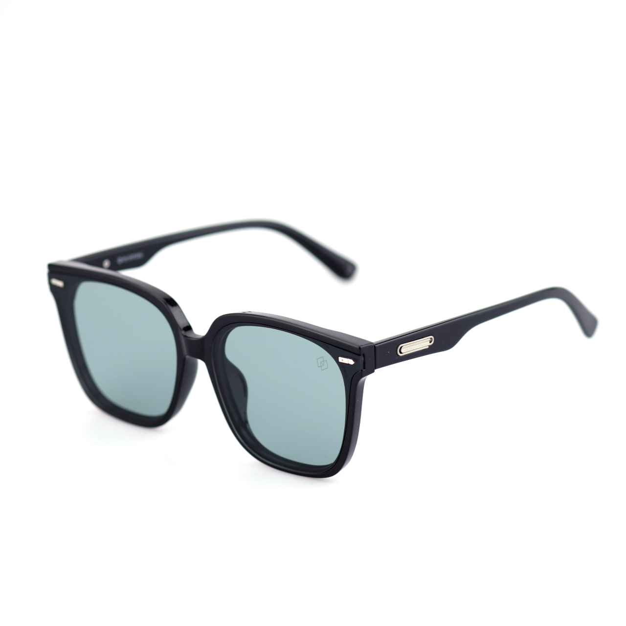 Blank acetate square sunglasses worn by model