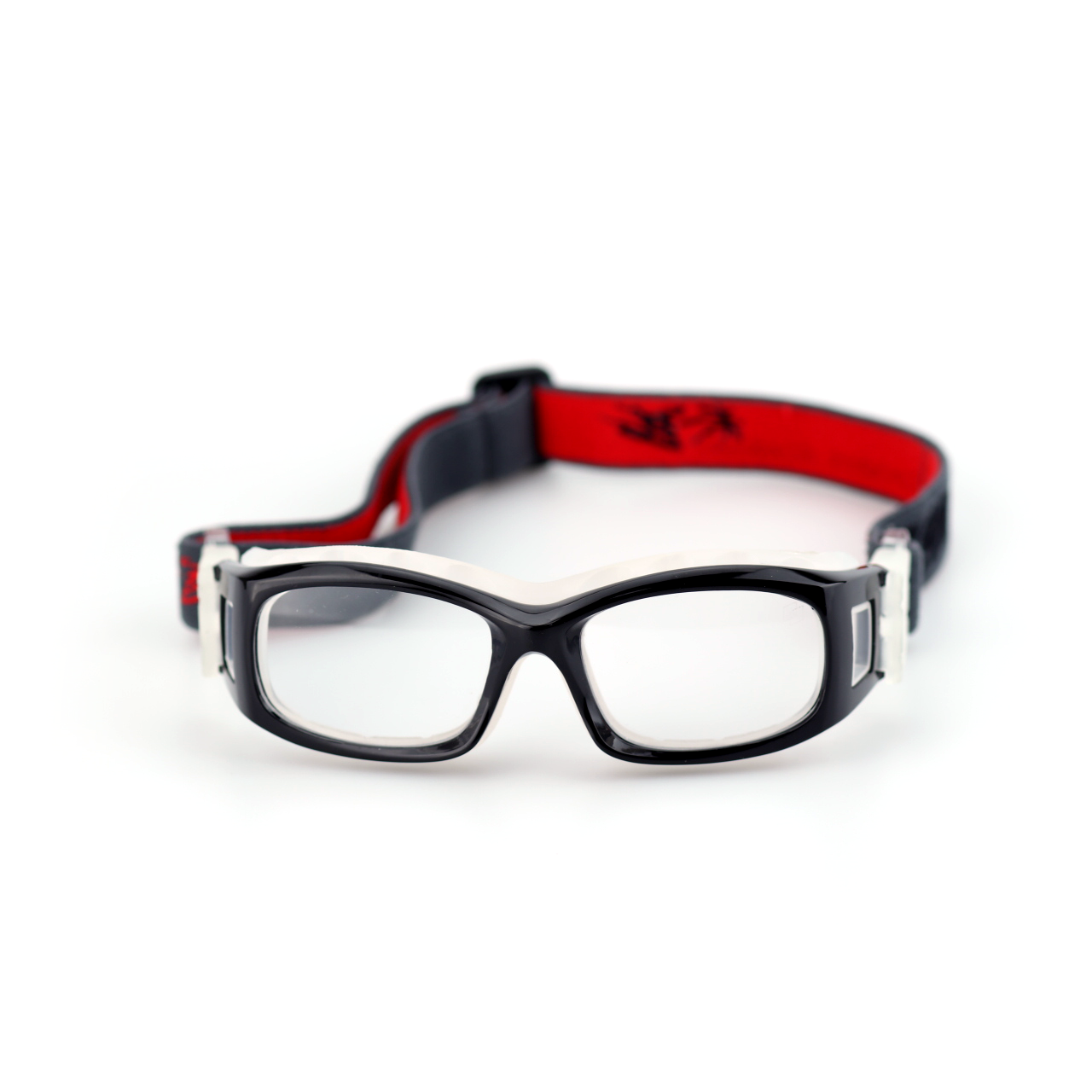 Iron clear sports protective goggles front view with black frame and adjustable strap