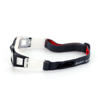 Iron protective sports goggles rear view with silicone cushioning and elastic strap