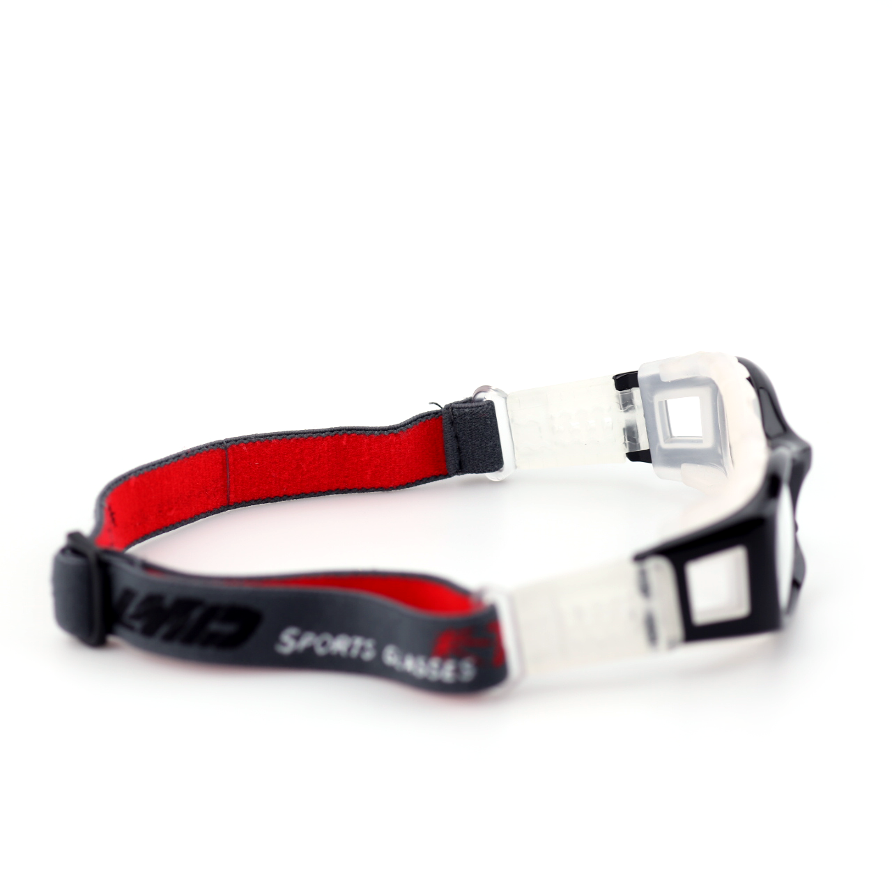 Iron sports protective goggles side view with clear side guard and black strap