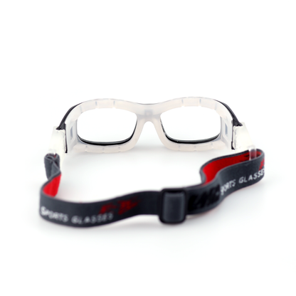 Iron clear protective goggles rear angled view with red and black sports strap