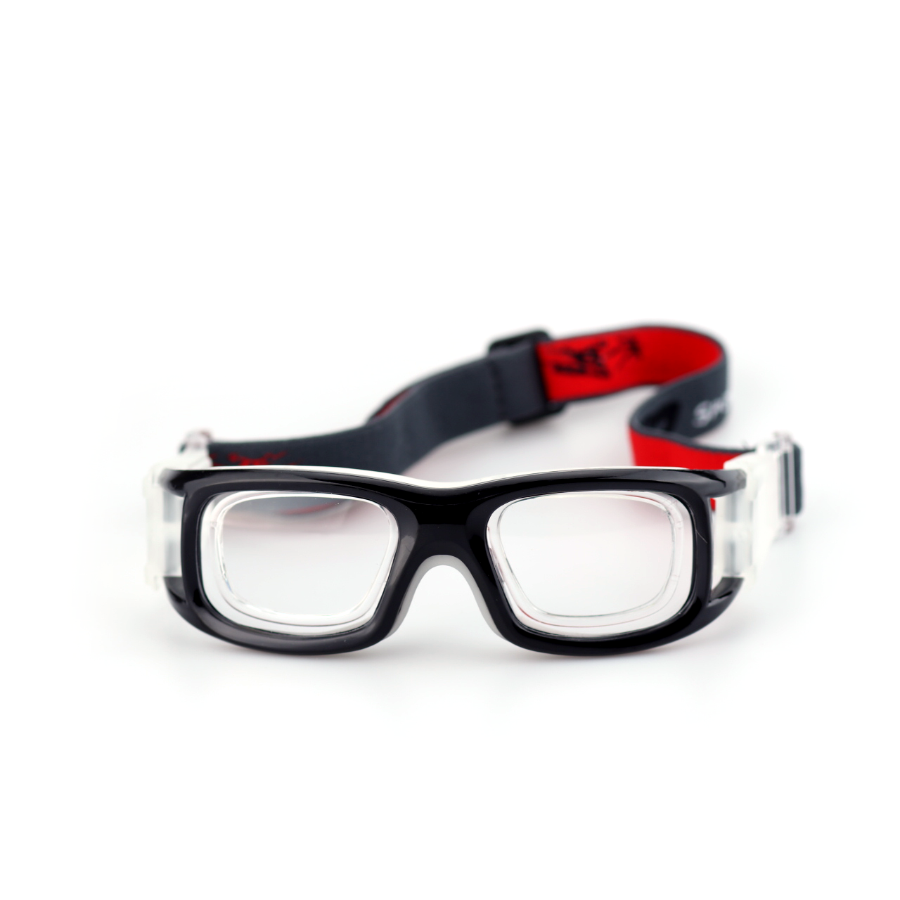 Guard clear sports protective goggles front view with black frame and adjustable strap
