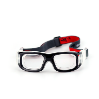 Guard clear sports protective goggles front view with black frame and adjustable strap