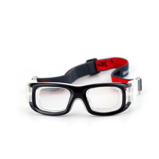 Guard clear sports protective goggles front view with black frame and adjustable strap