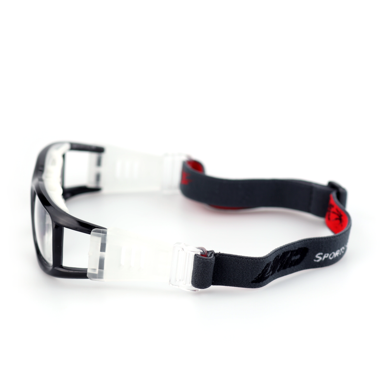 Guard clear acetate sports goggles angled view with black front frame