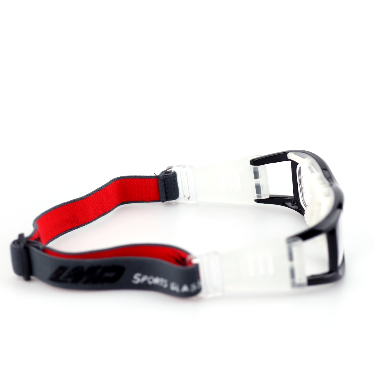 Guard clear protective goggles rear angled view with red and black sports strap