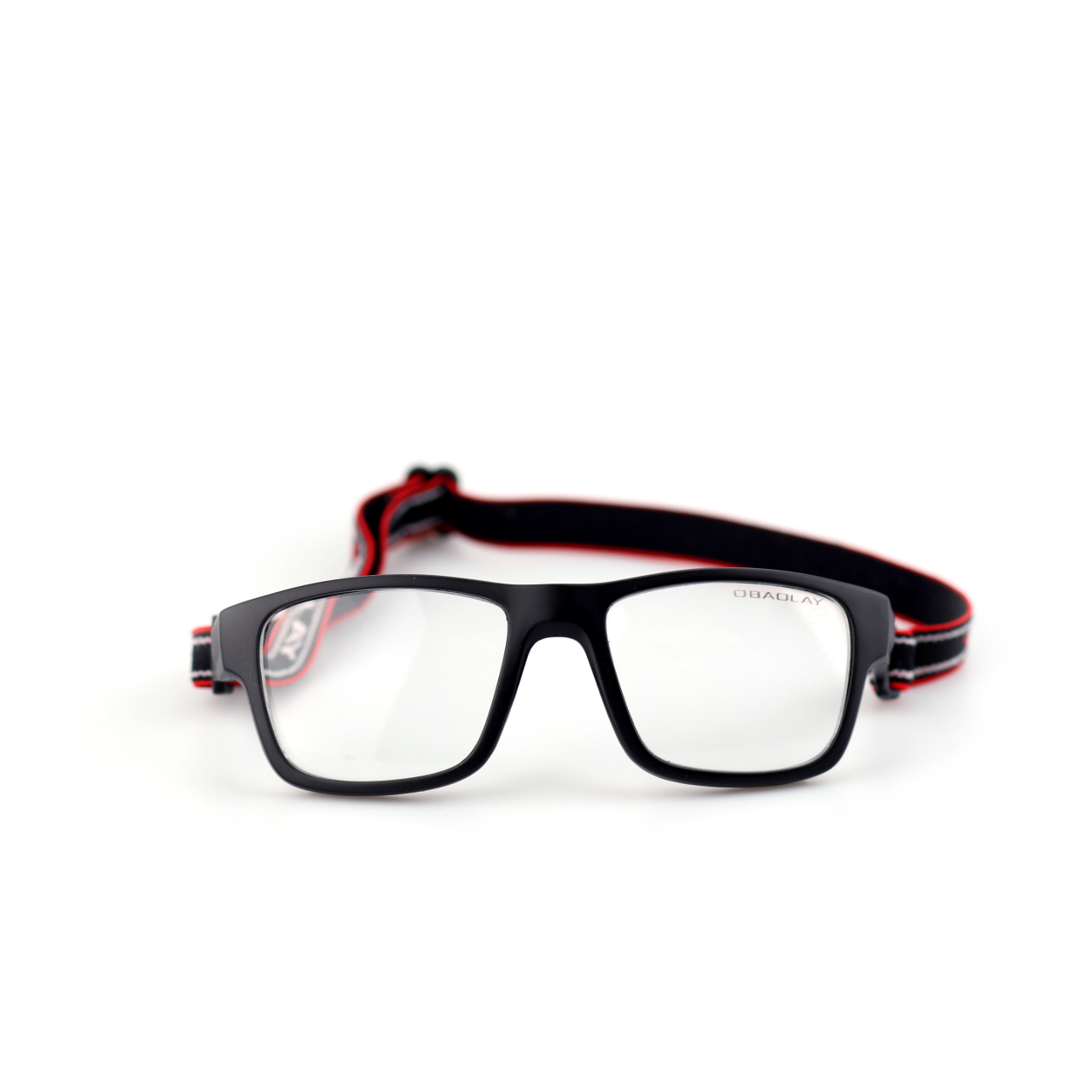 Strike black blue sports glasses side view with red and black strap