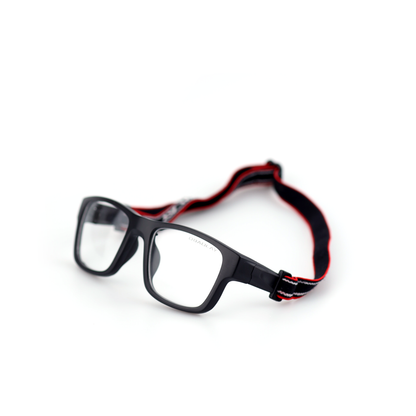 Strike black red sports glasses side view with elastic strap