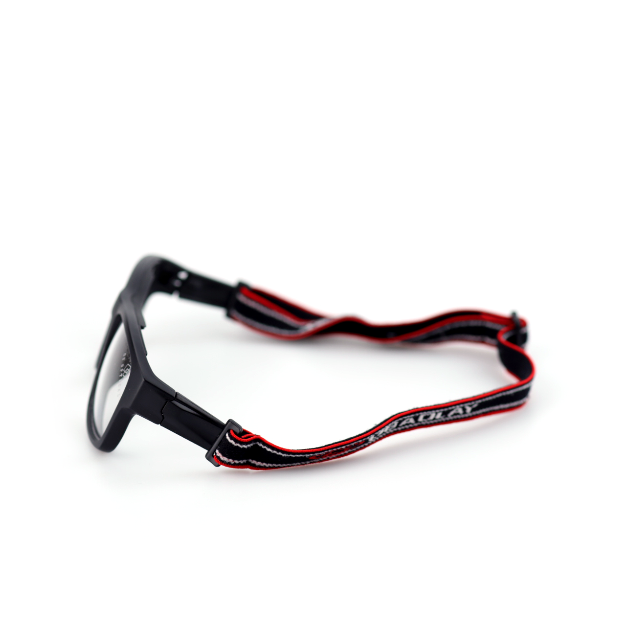 Strike black red sports glasses side view with elastic strap