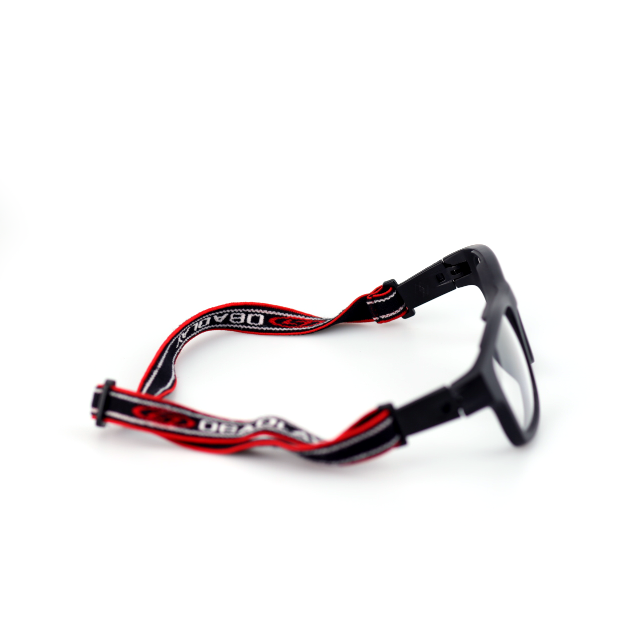 Strike black red sports glasses side view with elastic strap