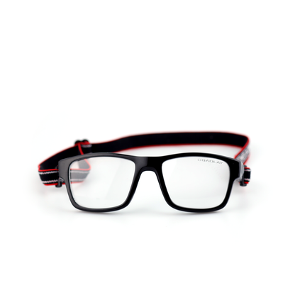 Strike black red sports protective glasses front view with adjustable strap