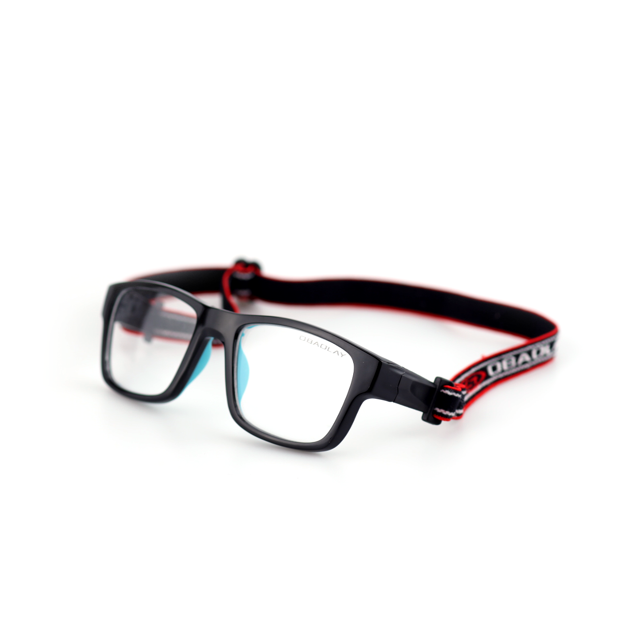 Strike black blue sports glasses side view with red and black strap