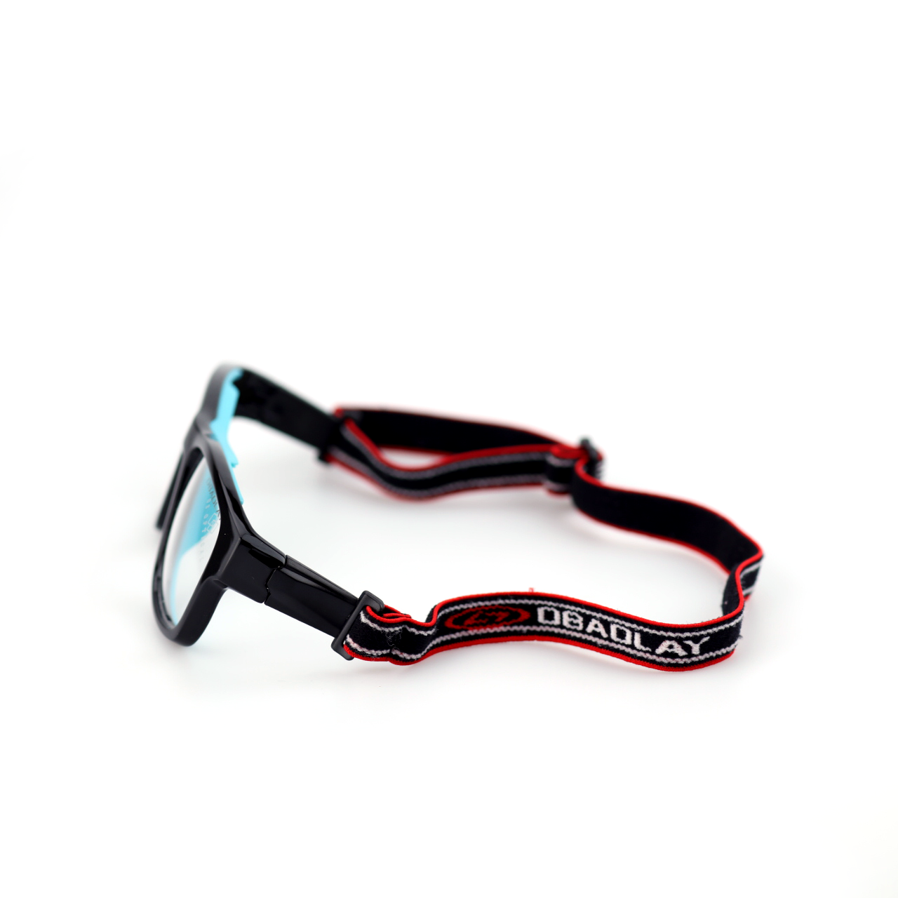 Strike black blue sports glasses side view with red and black strap
