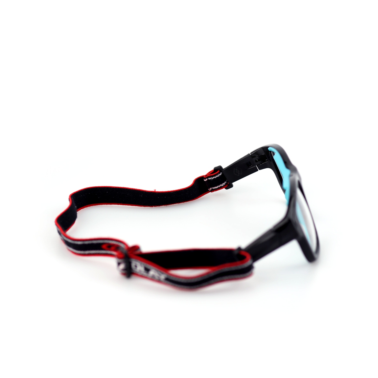 Strike black blue sports glasses side view with red and black strap