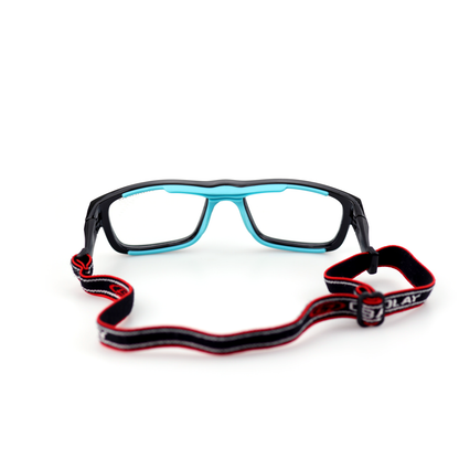 Strike black blue sports glasses side view with red and black strap