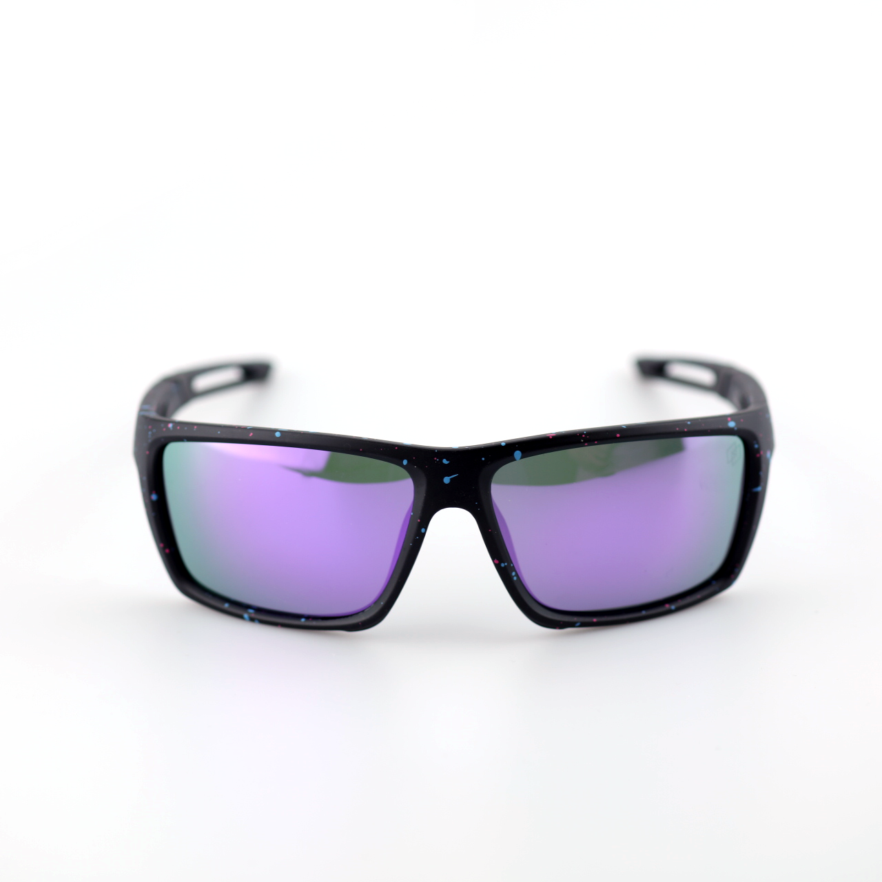 Shield polarized rectangular sports sunglasses front view with purple-green lenses