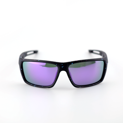 Shield polarized rectangular sports sunglasses front view with purple-green lenses