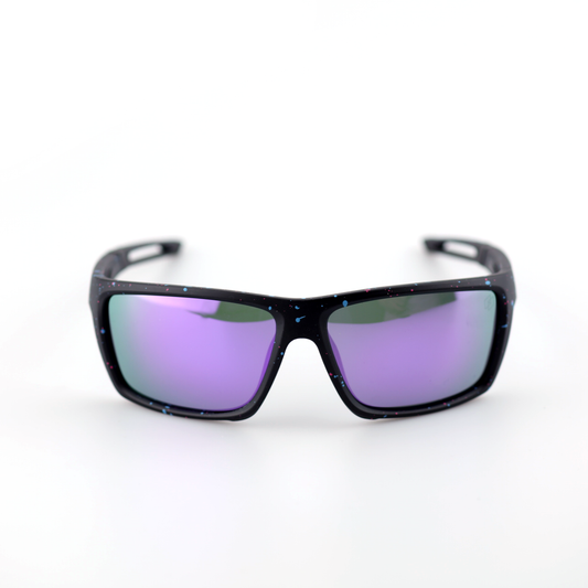 Shield polarized rectangular sports sunglasses front view with purple-green lenses