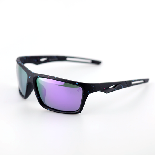 Shield black speckled polymer sports sunglasses angled view with purple-green mirror lenses