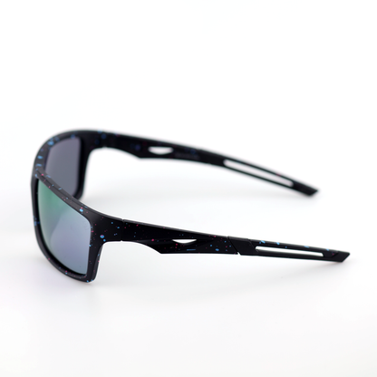 Shield wraparound sports sunglasses side profile with vented temple design