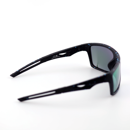 Shield polarized sports sunglasses rear angled view with black speckled polymer frame