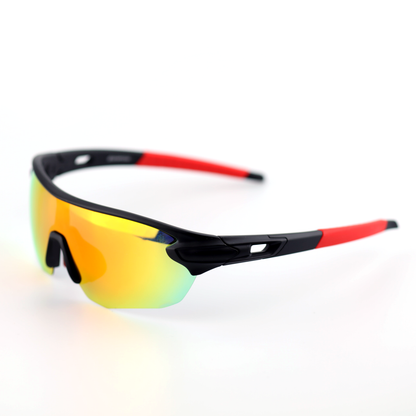 Surge black and red polymer sports sunglasses angled view with polarized lens