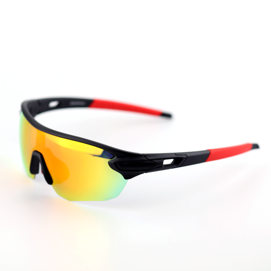 Surge black and red polymer sports sunglasses angled view with polarized lens