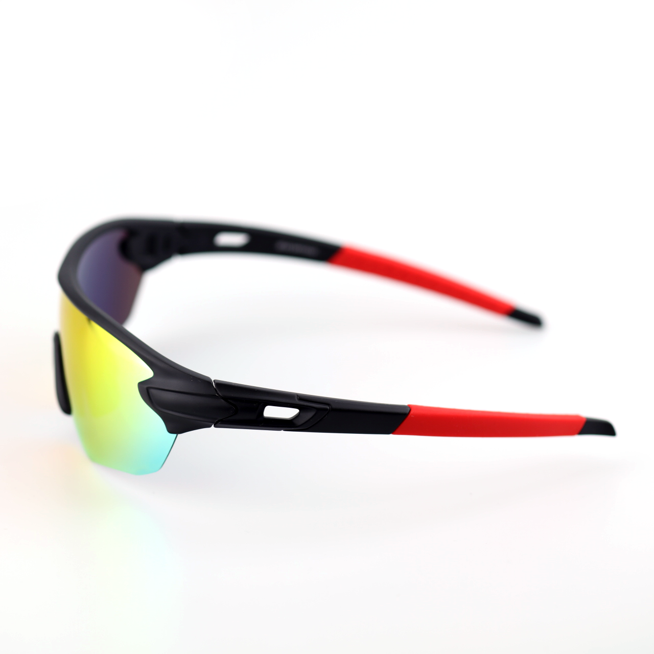Surge wraparound sports sunglasses side profile with red temple arms