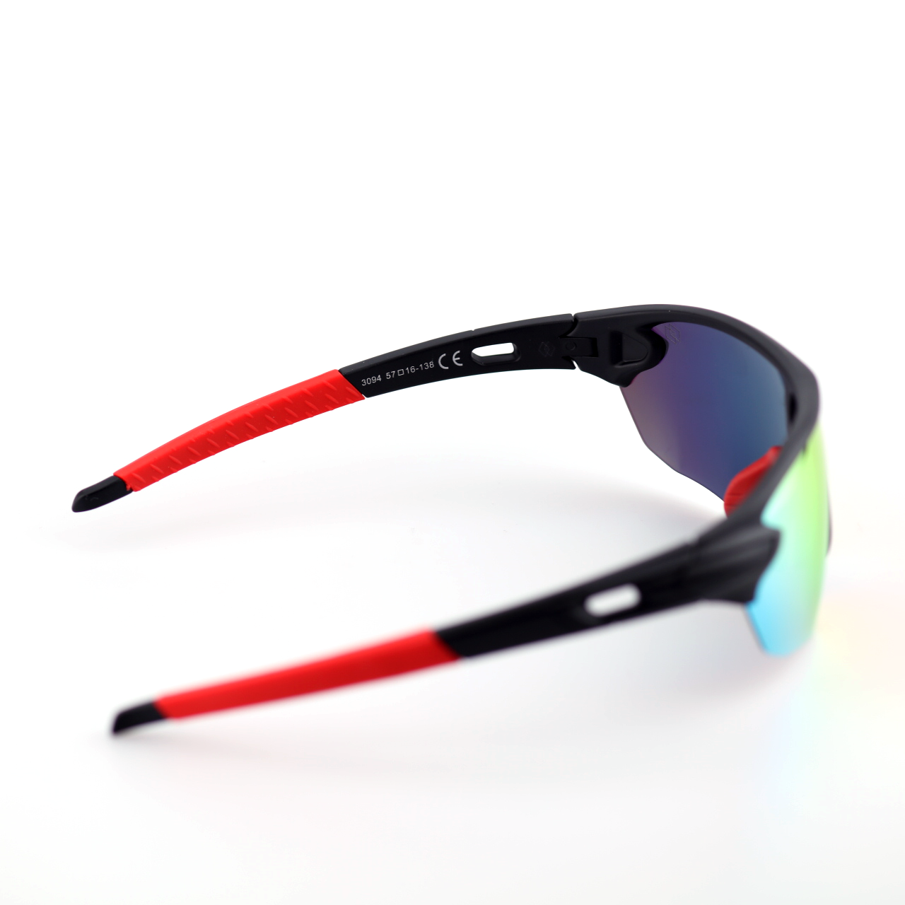 Surge wraparound sports sunglasses side profile with red temple arms
