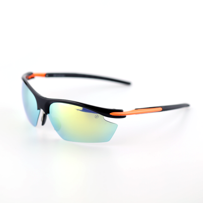 Sprint black and orange polymer sports sunglasses angled side view