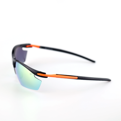 Sprint wraparound sports sunglasses side profile with orange temple detail