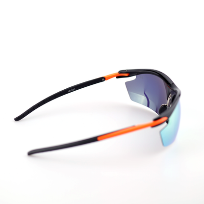 Sprint polarized sports sunglasses rear angled view with black orange polymer frame