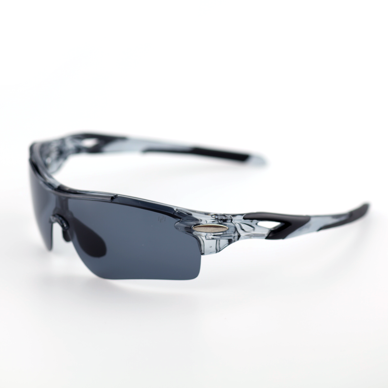 Kinetic translucent gray polymer sports sunglasses angled side view