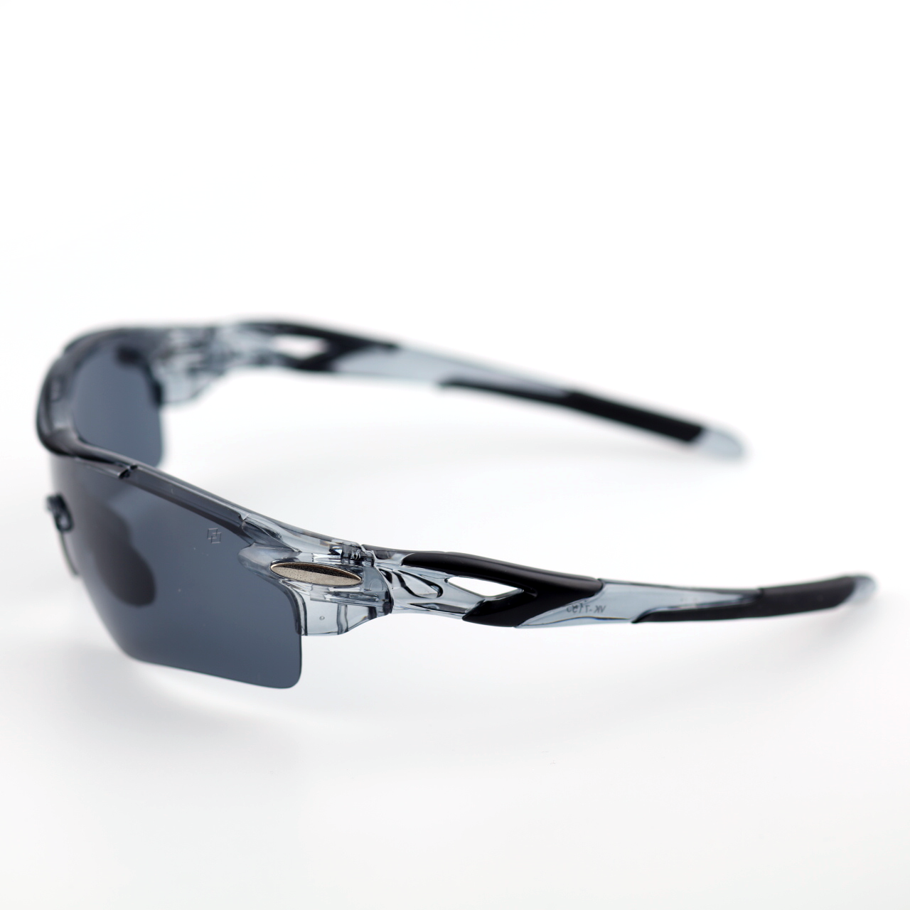 Kinetic translucent gray polymer sports sunglasses angled side view
