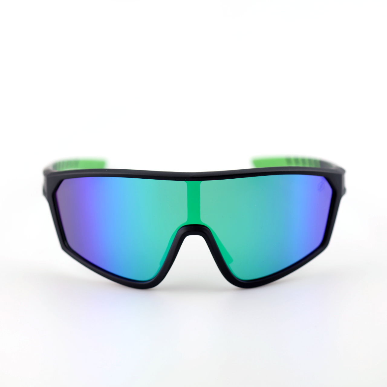 Armor polarized shield sports sunglasses front view with blue-green mirror lenses