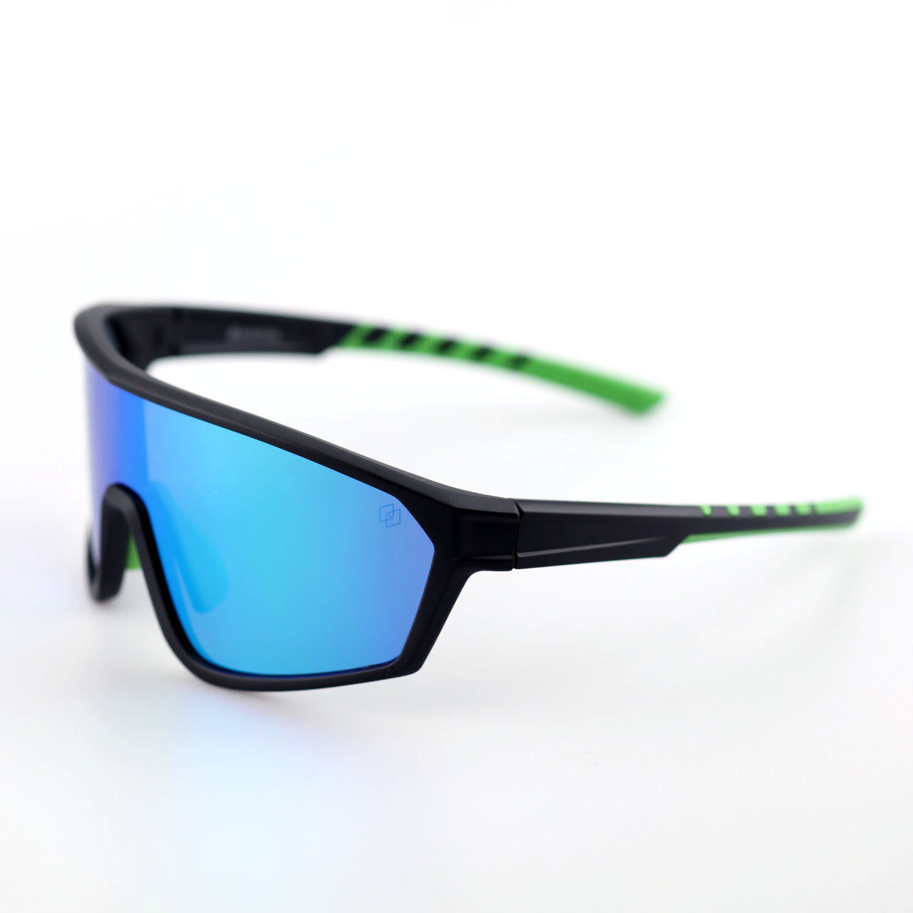 Armor polarized sports sunglasses close angled view with blue-green shield lenses