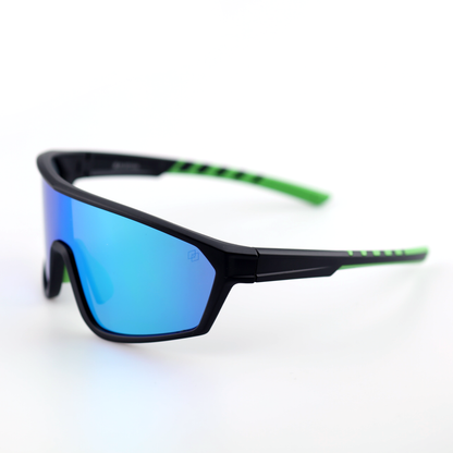 Armor polarized sports sunglasses close angled view with blue-green shield lenses