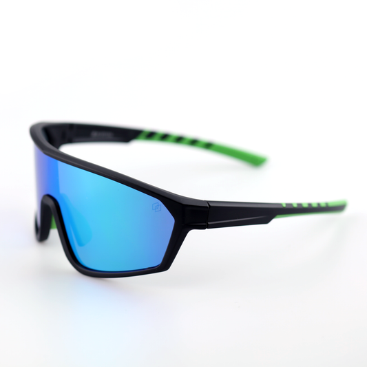 Armor polarized sports sunglasses close angled view with blue-green shield lenses