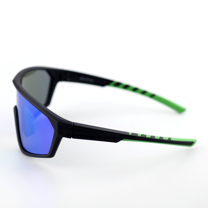 Armor black and green polymer sports sunglasses angled side view with blue mirror lenses