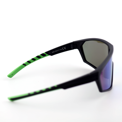 Armor polarized shield sports sunglasses rear angled view with black green polymer frame