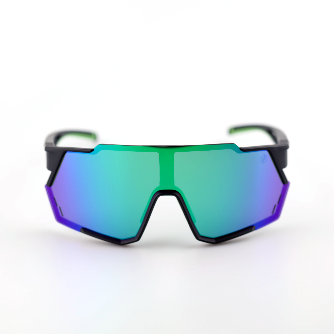 Swift polarized shield sports sunglasses front view in black purple with green-blue mirror lenses
