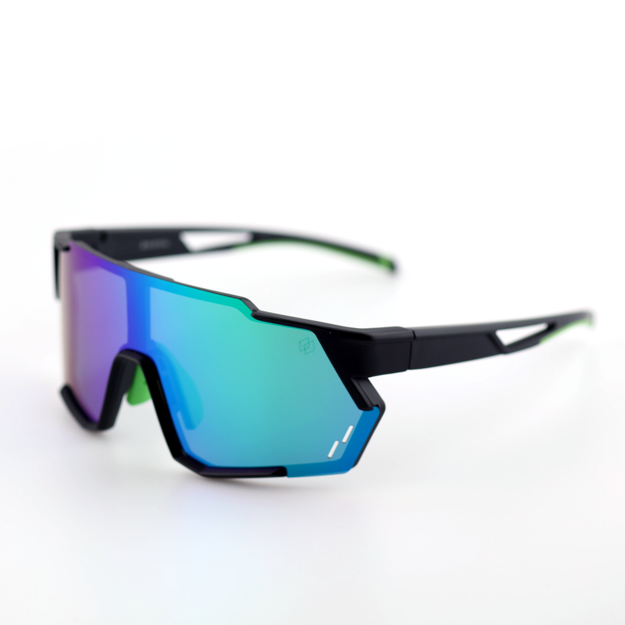 Swift polarized shield sports sunglasses front view in black purple with green-blue mirror lenses