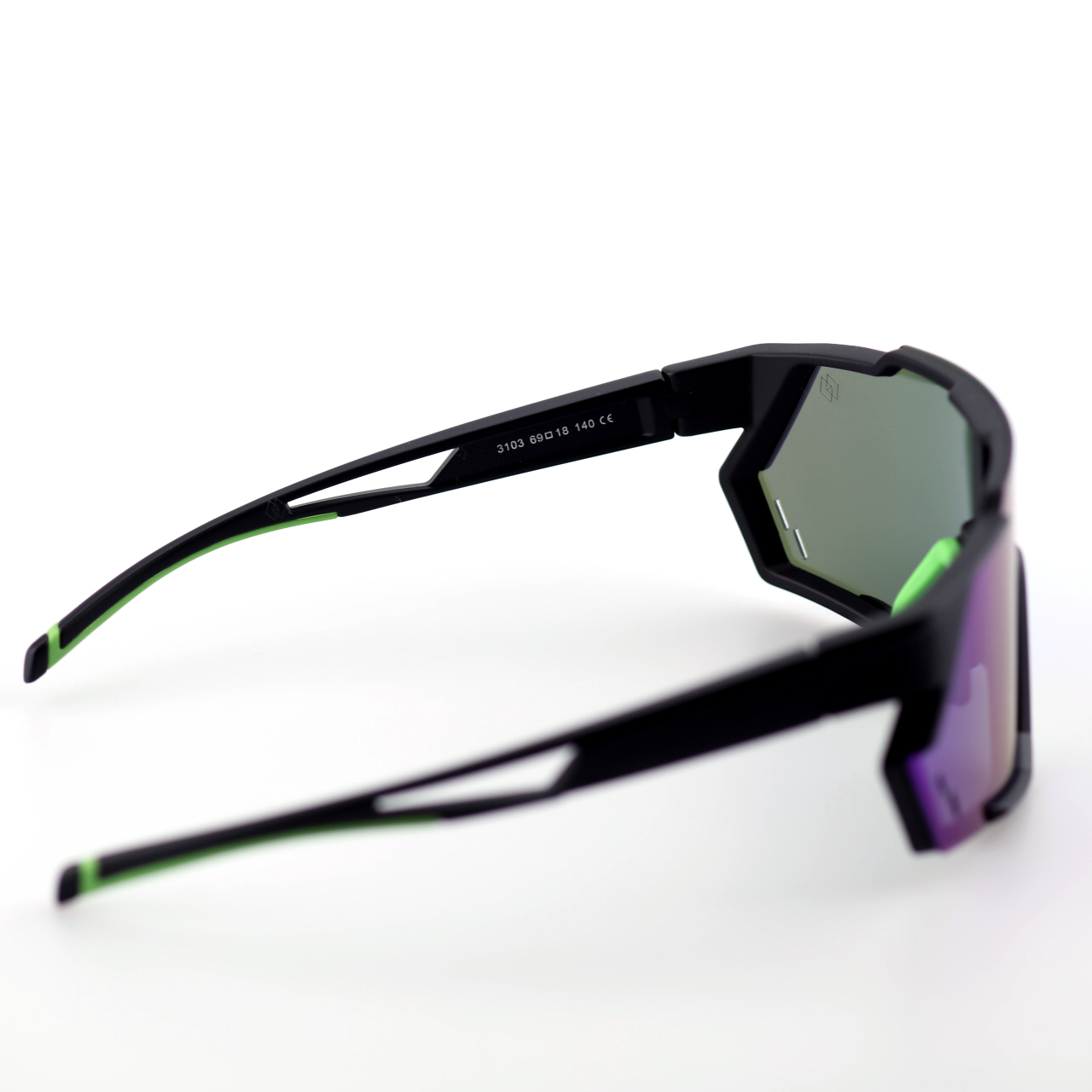 Swift polarized shield sports sunglasses front view in black purple with green-blue mirror lenses